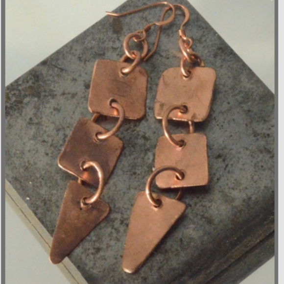 Tribal Solid Copper Rustic Drop Earrings Primitive - Picture 4 of 7
